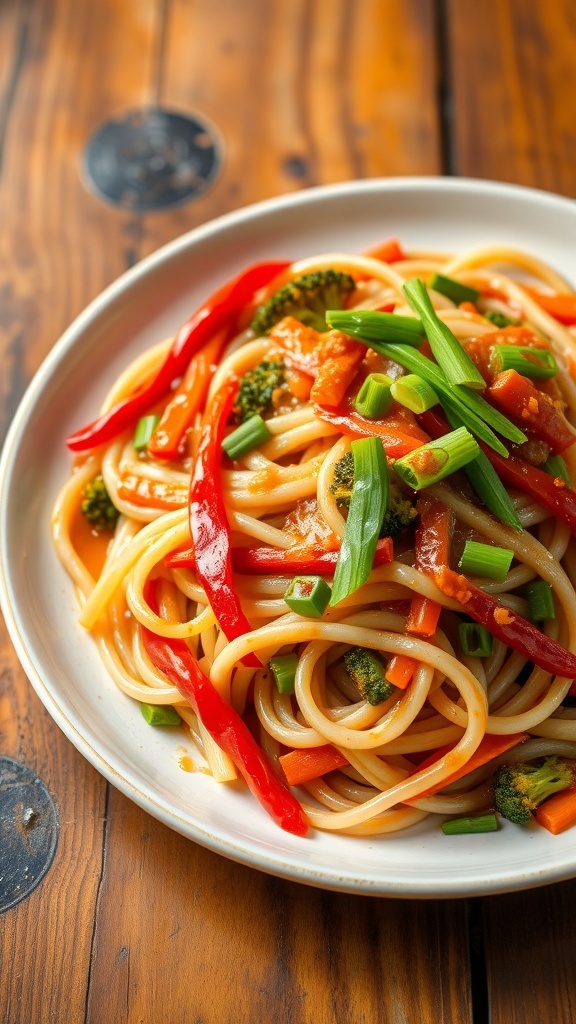 Stir-Fried Noodles with Vegetables Recipe A plate of stir-fried noodles with bell peppers, carrots, and broccoli, garnished with green onions.